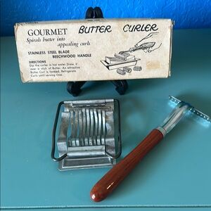 Two Vintage Kitchen Tools. Butter curler with Original Box and Egg Slicer